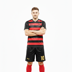 Ensemble d'uniformes de football à rayures rouges et noires, respirant, pour adultes, comprenant un maillot et un short, idéal pour le sport – Vente directe usine - Product Image 2