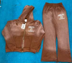 Ensemble de survêtement personnalisé Hip Hop OEM, effet délavé à l'acide, fermeture éclair, sweat-shirt et pantalon de jogging pour homme - Product Image 1