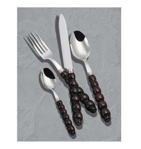 Juego de cubiertos de lujo de acero inoxidable con mangos de madera con cuentas, acabado pulido espejo, tenedor, cuchillo y cuchara para cena - Product Image 1