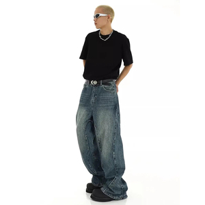 Jean en denim délavé coupe large pour homme, taille haute, style streetwear, en coton, idéal pour l'automne - Product Image 4