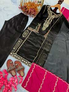 Black Designer Embroidered Silk <b>Kurti</b> Plazzo Dupatta Set - Product Image 2