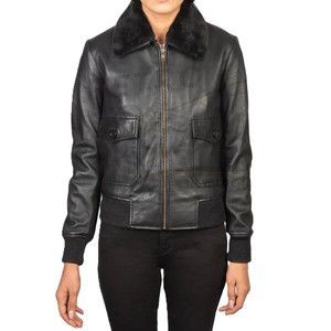 Women Black Real Leather <b>Bomber</b> <b>Jacket</b> With Faux Fur Collar Slim Fit Premium Sheepskin Casual Winter Biker Outerwear Coat - Product Image 1