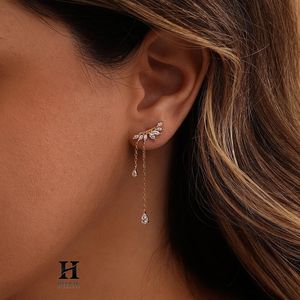 Marquise Cut Lab Grown Diamond Ear Climber <b>Earrings</b> 14K <b>Gold</b> Long Chain Pear <b>Dangle</b> Drop <b>Earring</b> - Product Image 3