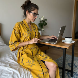 Urban Mustard Fusion Intemporel Moutarde Radiance Tissu doux lavage en machine 100% coton moutarde noir passepoil design kimono robe plus - Product Image 2