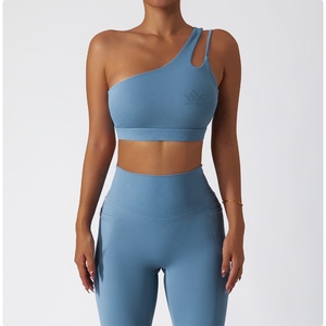 Women's <b>Blue</b> 2 Piece Seamless Yoga Set One Shoulder Sports <b>Bra</b> High Waist Full Length Leggings Stretch Activewear - Product Image 4