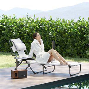 Cream White <b>Zero</b> <b>Gravity</b> Lounge <b>Chair</b> with Reclining Back Iron Folding Outdoor Furniture for Beach & Pool Use - Product Image 2