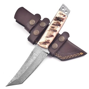 Couteau Tanto à lame fixe en acier Damas de qualité industrielle, fabriqué OEM, modèle Mortal Saga, avec manche en corne de cerf, pleine longueur de lame, pour la chasse, le camping et le transport. - Product Image 4