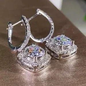 Moissanite Drop <b>Earrings</b> 925 Silver White <b>Gold</b> Plated Square Halo <b>Dangle</b> Luxury Women Jewelry - Product Image 3