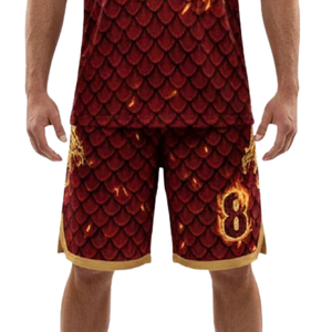 Ensemble d'uniformes de basketball personnalisés pour hommes, couleur bordeaux et or, maillot sans manches à col en V, short, imprimé écailles de dragon, numéro d'équipe, kit d'équipe en gros - Product Image 5