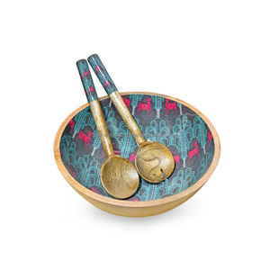 Tazones para Servir Ensaladas Decorativos de Madera Pulida con Diseño Impreso, Ecológicos, con Cuchara, Clásicos para Fiestas, Accesorios de Cocina para el Hogar, Falak World - Product Image 4
