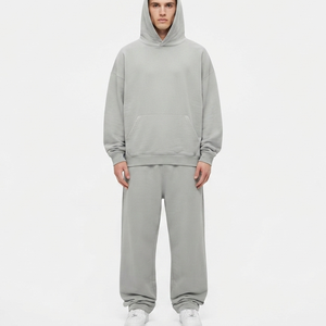 High Quality Custom Printed Oversized 100% Cotton Breathable Stacked Heather Grey Tracksuits Hoodie <b>Sweatpants</b> <b>Set</b> Men - Product Image 4