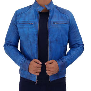 Custom Men Vintage Blue Distressed Genuine Leather Jacket Slim Fit Biker Motorcycle Racer <b>Coat</b> <b>Stand</b> Collar Fashion Outerwear - Product Image 5