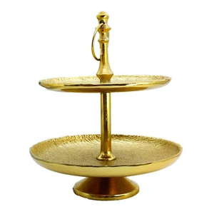 Bandeja de Servir de Dos Niveles en Metal Dorado con Platos Texturizados y Asa, Elegante Soporte para Postres y Pasteles para Bodas, Fiestas y Decoración del Hogar - Product Image 1