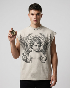 T-shirt court sans manches surdimensionné en jersey 100 % coton doux et respirant avec impression numérique personnalisée et strass - Product Image 4