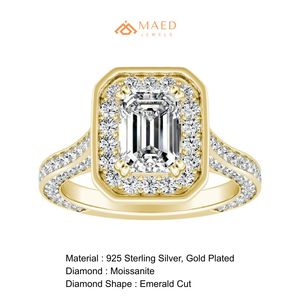 Bague de fiançailles et de mariage en moissanite taille émeraude avec micro-incrustation halo, plaquée or, pour femme, bijoux de luxe vintage pour mariée et soirée - Product Image 6