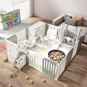 Corralito <span class=keywords><strong>para</strong></span> Bebés, Parque Infantil Interior con Aro <span class=keywords><strong>de</strong></span> Baloncesto, Tobogán, Columpio, Mesa, Silla y Tapete - Product Image 1