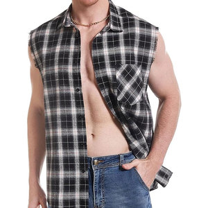 Camisa sin mangas a cuadros para hombre, camisa casual sin mangas con botones estilo vaquero y borde deshilachado - Product Image 4