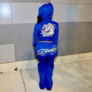 Ensemble de survêtement en coton biologique Y2K avec logo imprimé DTF personnalisé, sweat à capuche zippé en velours et pantalon large pour femme, style streetwear - Product Image 2