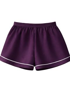 Ensemble pyjama personnalisé en satin violet foncé pour femme, comprenant un haut de pyjama et un short, vêtements de nuit doux en soie, ensemble deux pièces pour l'été avec détails blancs - Product Image 5