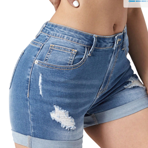 Women's Skinny Straight <b>Denim</b> Shorts <b>Stretch</b> Distressed Rolled Hem Casual Summer Woven OEM ODM Custom Manufacturer - Product Image 5