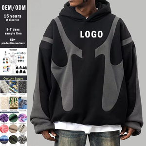 เสื้อฮู้ดสตรีทแวร์ขายส่ง ผ้าฝ้าย 100% สำหรับผู้ชาย สไตล์ไฮสตรีท แต่งสีสันแบบแพทช์เวิร์ค ปักลาย ฮู้ดสองชั้น - Product Image 1