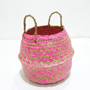 Trending Durable Circle Natural Palm Leaf Eco-friendly Pink <b>Storage</b> Basket Laundry <b>Hamper</b> - Product Image 5