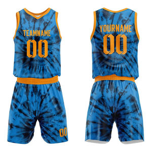 Custom Tie Dye Basketball Uniform Set Blue <b>Orange</b> Sublimated V-Neck Sleeveless Moisture Wicking Athletic Wear Adult Unisex - Product Image 1