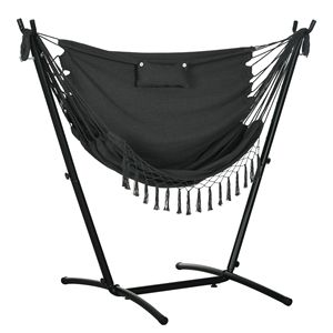 Fauteuil hamac de patio gris foncé avec support, balançoire d'extérieur suspendue avec poche latérale et appui-tête - Product Image 1