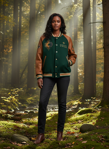 Chaqueta Varsity de Piel Sintética Verde para Hombre Harmony & Wander, Diseño Bordado de Luna y Montaña, Ropa Casual de Otoño - Product Image 6