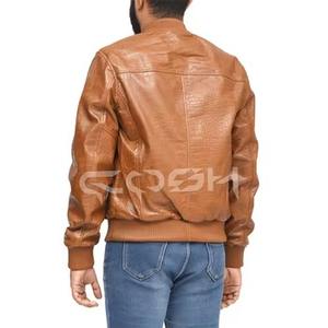 Veste en cuir marron de haute qualité, effet croco, style bomber zippé, texture marron, veste décontractée de luxe - Product Image 6