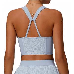 Women's Floral Lace Sports <b>Bra</b> Medium Support <b>Wide</b> <b>Strap</b> Yoga <b>Bra</b> Light BlueS coop Neck Design Push Reflective Line Yoga Sport - Product Image 3