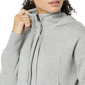 Sweat-shirt gris décontracté à capuche et fermeture éclair pour femme, manches longues, en mélange de coton tricoté respirant, coupe courte, couleur unie, automne - Product Image 5