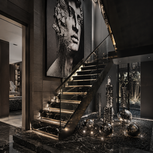 Escalier flottant en marbre noir avec marches éclairées par LED, garde-corps en verre, poutre métallique et main courante fine, conçu pour villa - Product Image 1