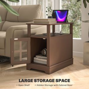 Modern Brown Narrow Side <b>Table</b> with USB Charging Station and <b>Storage</b> End <b>Table</b> for Living Room <b>Console</b> <b>Tables</b> - Product Image 5