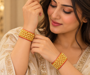 Juego de brazaletes tradicionales indios de terciopelo rojo con cuentas doradas y lazo ajustable para mujer, joyería étnica nupcial - Product Image 5