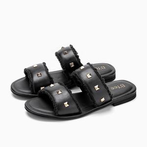 Sandalias Planas de Piel Auténtica para Mujer, Diseño OEM ODM, con Doble Banda de Tachuelas, Deslizables, Forro de Piel Transpirable, Zapatos Casuales Hechos en BD - Product Image 2