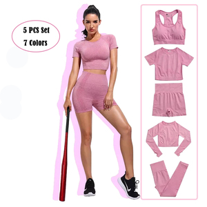 Ensemble de vêtements de sport de luxe pour femmes, 5 pièces, vente en gros : soutien-gorge de sport à dos croisé + veste de sport + short de sport + leggings de yoga - Product Image 1