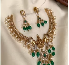 ชุดโชคเกอร์ทองเหลืองชุบทองโบราณพร้อมลูกปัดสีเขียวมรกตสร้อยคอเจ้าสาวสำหรับงานแต่งงาน - Product Image 2