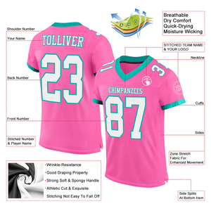 เสื้อฟุตบอลสีชมพู ตาข่ายสีขาวอมฟ้า ของแท้ สั่งทำโลโก้ OEM สำหรับผู้ชาย ชุดกีฬาซับลิเมชั่น เสื้อยืด เสื้อฟุตบอล - Product Image 3