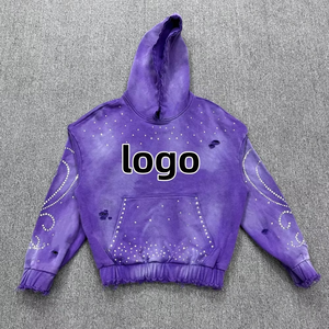 Sudadera con capucha morada tie-dye para mujer, informal, corta, de algodón tejido con patrón de puntos de diamantes de imitación y decoración de agujeros. - Product Image 1