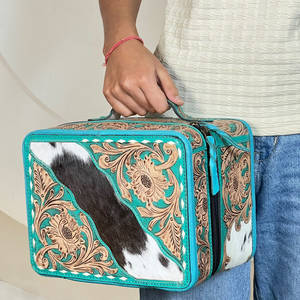 Super September Western Hand Tooled Leather Jewelry Organizer Luxury Cowhide Leather Zipper Closure Makeup <b>Travel</b> Storage <b>Case</b> - Product Image 2