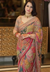 Sari de Seda Estampado para Mujer, Estilo Bollywood, Reversible, Antiarrugas, de Secado Rápido, para Bodas de Otoño, Diwali/Fiestas, Marca K V International - Product Image 1