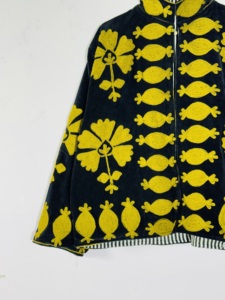 Black Velvet <b>Mandarin</b> <b>Collar</b> <b>Jacket</b> With Yellow Floral Embroidery Vintage Style Zipper Closure Unisex Winter Coat - Product Image 3