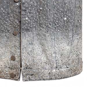 Wholesale Custom Men's Light <b>Grey</b> Vintage Woven Denim <b>Vest</b> Rhinestones Starry Ombre Sleeveless Studded Glitter Jean Streetwear - Product Image 5