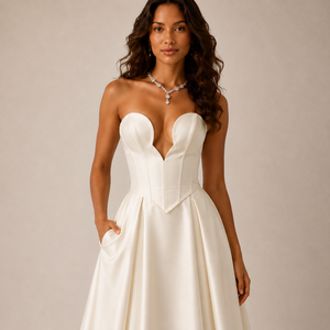 Robe de mariée élégante et moderne en satin, coupe trapèze, sans bretelles, dos lacé, avec poches |   Robe de mariée ivoire naturelle longueur cheville sur mesure - Product Image 3