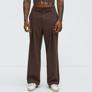 Custom Formal Brown <b>Men</b> High Waist Pleated Wide Leg <b>Trousers</b> Smart Casual Brown Woven Pants Button Closure <b>Baggy</b> <b>Men</b> Dress Pants - Product Image 1