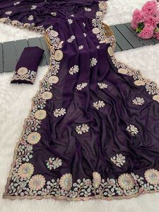Indian Ethnic Beautiful and Elegant <b>Saree</b> with Embroidery Work for Partywear and Wedding Occasion for Women Fancy Trendy Outfit - Product Image 6