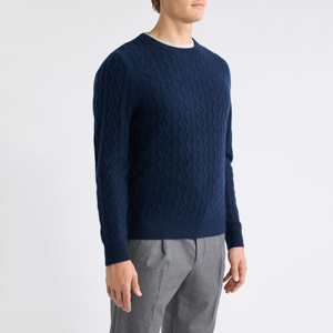 Suéter de punto trenzado azul marino para hombre, cuello redondo, color sólido, manga larga, informal, para otoño - Product Image 2
