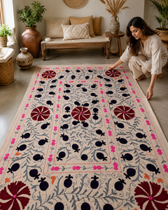 Drap de lit en coton brodé Suzani traditionnel, rouge multicolore, floral, fait main, style bohème, couvre-lit artisanal indien, décoration ethnique pour la maison - Product Image 1