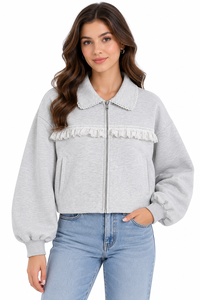 Premium Damen Winter Hellgraue Baumwollmischung Farbblockierung Rüschendetail Bomberjacke Eleganter Peter-Pan-Kragen Lange Ärmel - Product Image 1